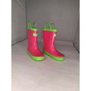 Oaki Kids Rain Boots Pink Green Rubber Pull On Boots Size Toddler
